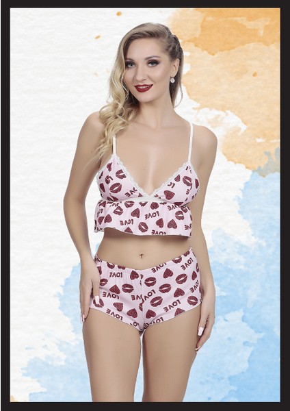 Kadın Pembe Desenli Seksi Fantezi Şortlu Takım Yeni Model