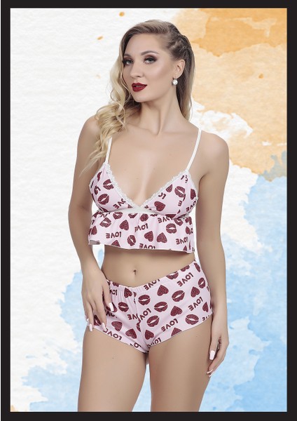 Kadın Pembe Desenli Seksi Fantezi Şortlu Takım Yeni Model