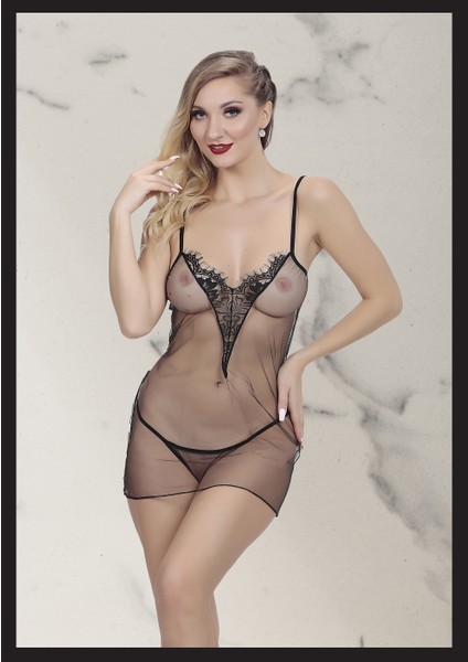 Kadın Siyah Dantel ve Tül Detaylı Seksi Fantezi Gecelik New Model