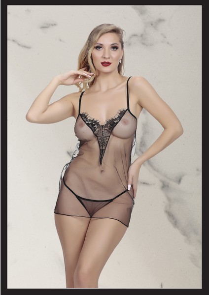 Kadın Siyah Dantel ve Tül Detaylı Seksi Fantezi Gecelik New Model fırsatları