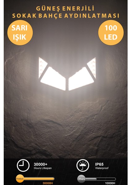 2ADET 100 Ledli Sarı Işık Güneş Enerjili Hareket Sensörlü Solar Bahçe Lambası Şarj Olan