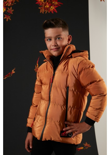 Içi Peluş Astarlı Çıkarılabilir Kapüşonlu Şişme Mont Erkek Çocuk Mont 5763038