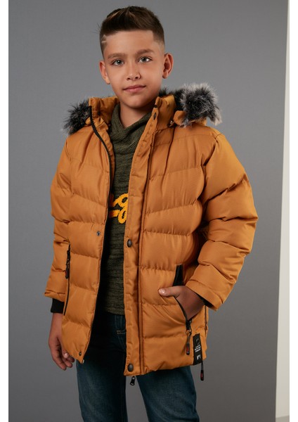 Suni Kürklü Peluş Astarlı Çıkarılabilir Kapüşonlu Mont Erkek Çocuk Mont 5763028