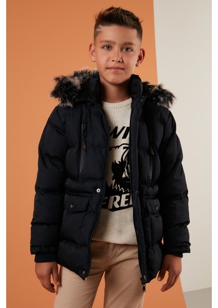Içi Peluş Astarlı Çıkarılabilir Kapüşonlu Cepli Kışlık Mont Erkek Çocuk Mont 5760022