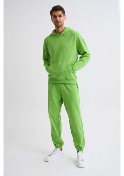 Organik Kapüşonlu Uzun Kollu Erkek Sweatshirt Yeşil Yeşil Xxl