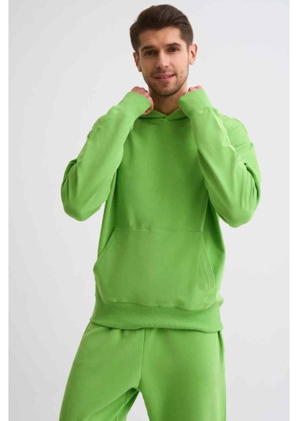 Organik Kapüşonlu Uzun Kollu Erkek Sweatshirt Yeşil Yeşil Xxl fırsatları