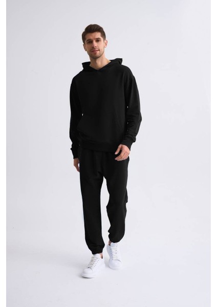 Organik Kapüşonlu Uzun Kollu Erkek Sweatshirt Siyah Siyah Xxl