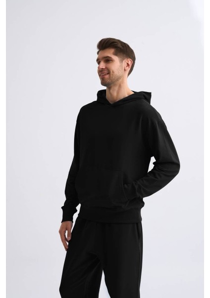 Organik Kapüşonlu Uzun Kollu Erkek Sweatshirt Siyah Siyah Xxl