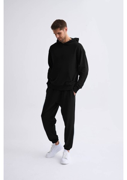 Organik Kapüşonlu Uzun Kollu Erkek Sweatshirt Siyah Siyah Xxl