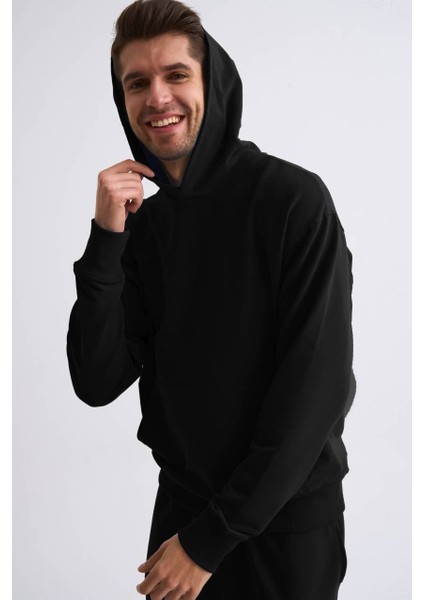 Organik Kapüşonlu Uzun Kollu Erkek Sweatshirt Siyah Siyah Xxl