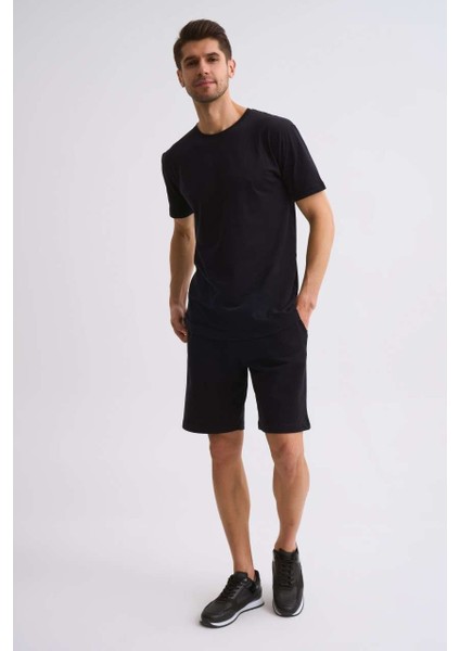 Organik Cepli Regular Fit Erkek Bermuda Şort Siyah Siyah Xxl