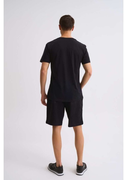 Organik Cepli Regular Fit Erkek Bermuda Şort Siyah Siyah Xxl