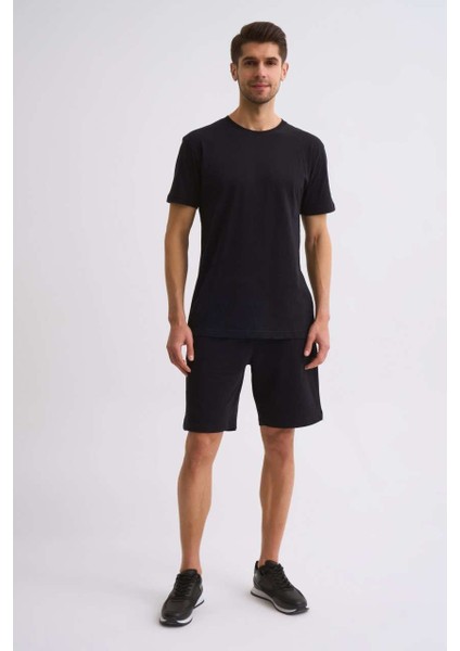 Organik Cepli Regular Fit Erkek Bermuda Şort Siyah Siyah Xl