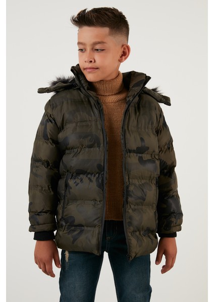 Kamuflaj Desenli Peluş Astarlı Çıkarılabilir Kapüşonlu Cepli Kışlık Mont Erkek Çocuk Mont 5760071