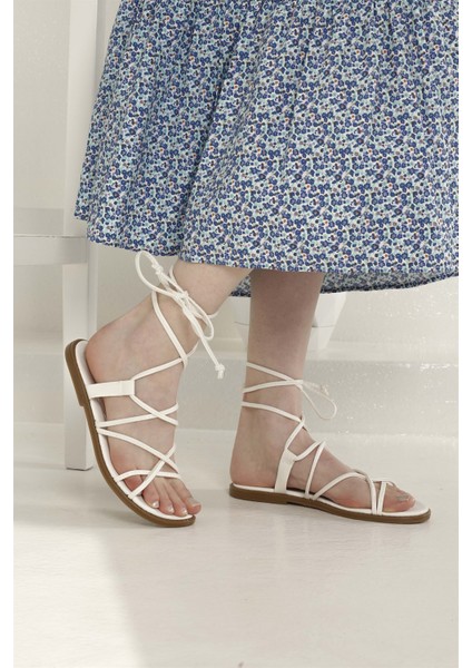 Kadın Ip Bağlamalı Sandalet Beyaz Cilt