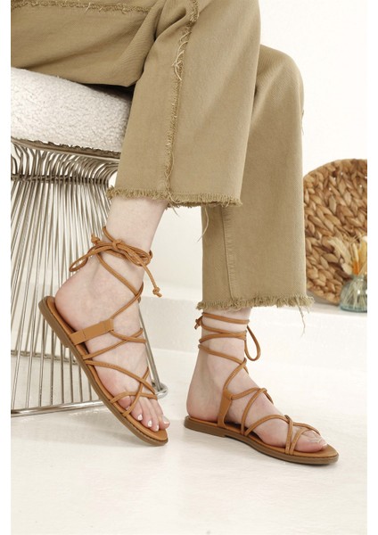 Kadın Ip Bağlamalı Sandalet Camel