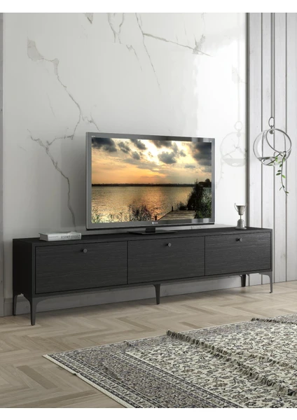 Wood'n Love Etna Premium Metal Ayaklı Dolaplı 180 cm Tv Ünitesi - Siyah / Siyah