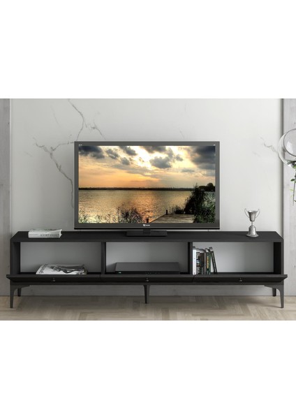 Wood'n Love Etna Premium Metal Ayaklı Dolaplı 180 cm Tv Ünitesi - Siyah / Siyah