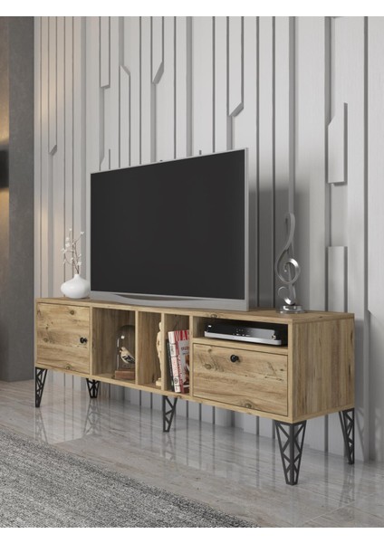 Wood'n Love Cercei 160 cm Metal Ayaklı Tv Ünitesi - Atlantik Çam / Siyah