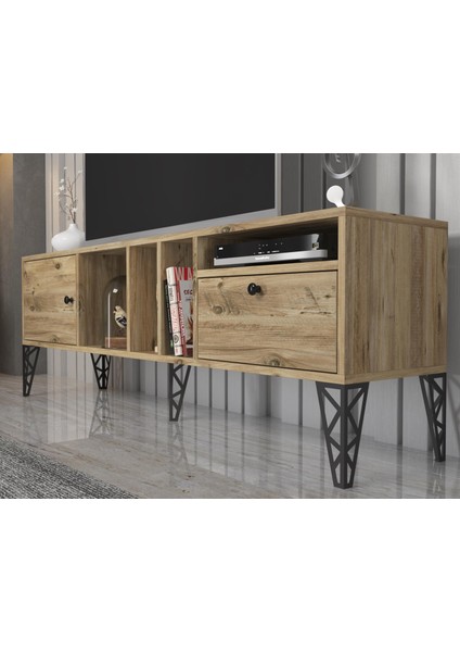 Wood'n Love Cercei 160 cm Metal Ayaklı Tv Ünitesi - Atlantik Çam / Siyah