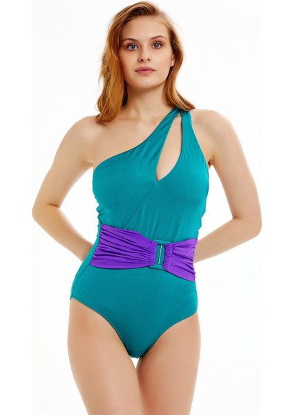 Yeşil Mor Beli Kemerli Tek Omuz Mayo