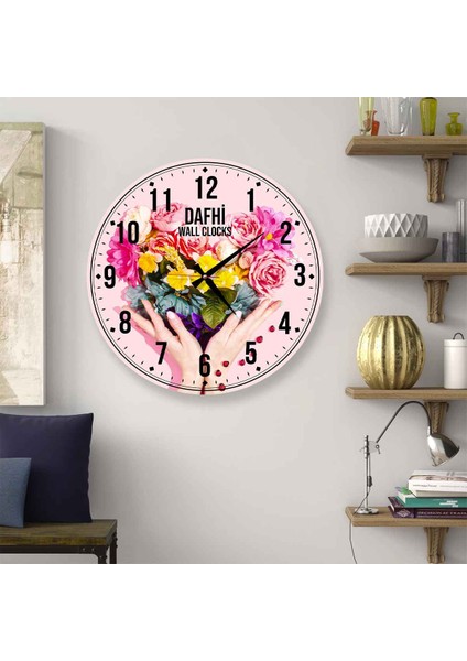 Dafhi Renkli Çiçekler Ahşap Duvar Saati 35x35