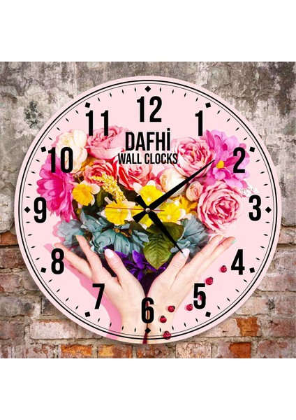 Dafhi Renkli Çiçekler Ahşap Duvar Saati 35x35