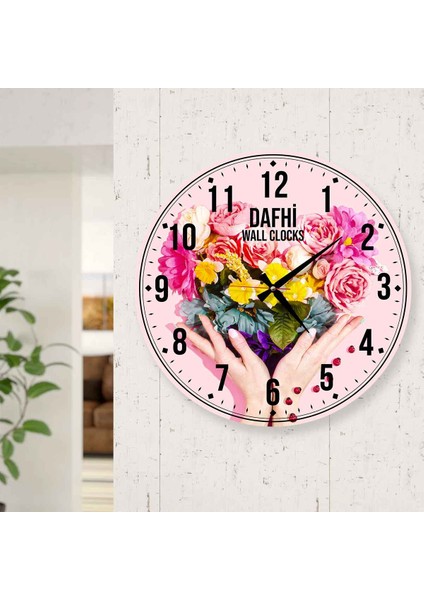 Dafhi Renkli Çiçekler Ahşap Duvar Saati 45x45