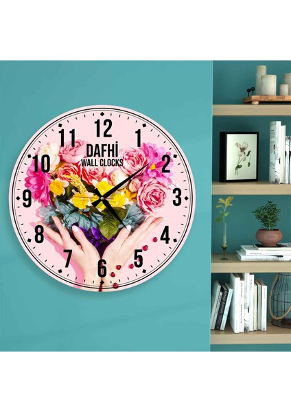 Dafhi Renkli Çiçekler Ahşap Duvar Saati 45x45