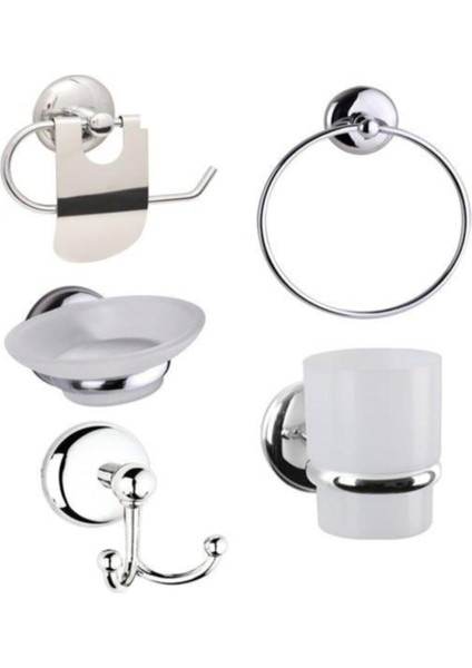 5'li Vidalı Banyo Aksesuar Seti, Kağıtlık+Havluluk+Sabunluk+Diş Fırçalık+Bornozaskılığı