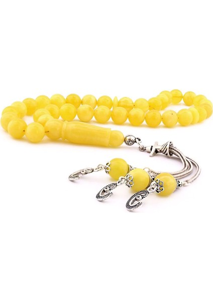 925 Ayar Gümüş Vav Püsküllü Damla Kehribar Tesbih