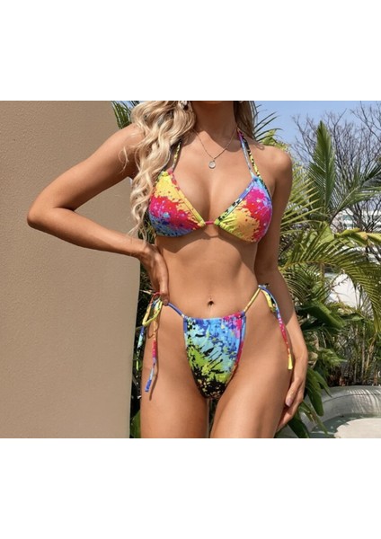 Çok Renkli Sexy Boydan Bağlamalı Bikini Takımı