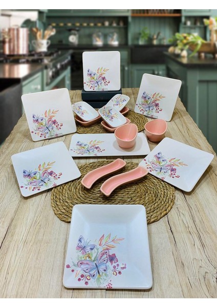 6 Kişilik 17 Parça Kare Kahvaltı Seti Bahar Mat Pembe