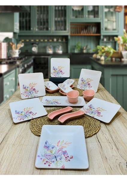 6 Kişilik 17 Parça Kare Kahvaltı Seti Bahar Mat Pembe fiyatları