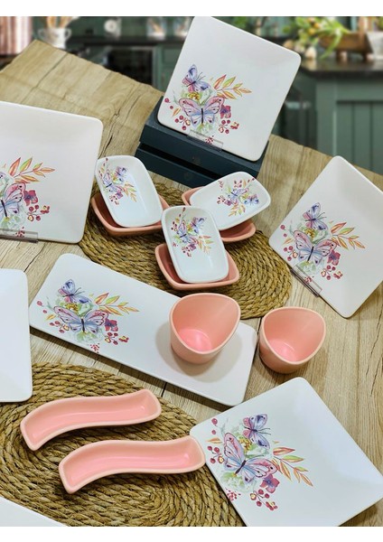 6 Kişilik 17 Parça Kare Kahvaltı Seti Bahar Mat Pembe modelleri