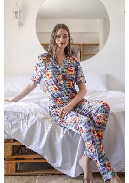 Kadın Mavi Çiçekli Pijama Takımı 10034