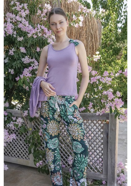 Kadın Lila Düğmeli 3'lü Pijama Takımı 10052