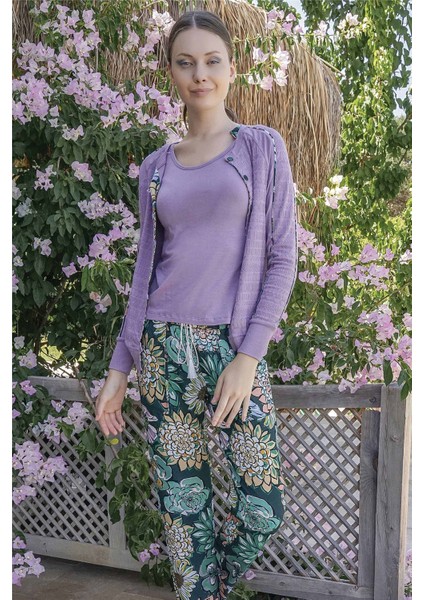 Kadın Lila Düğmeli 3'lü Pijama Takımı 10052