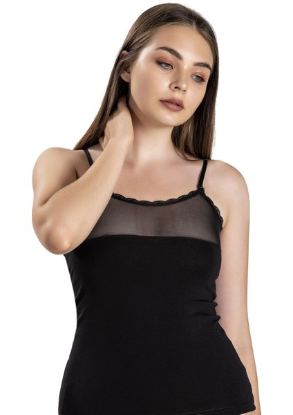 Kadın Siyah Pamuklu Likralı Ip Askılı Atlet 513