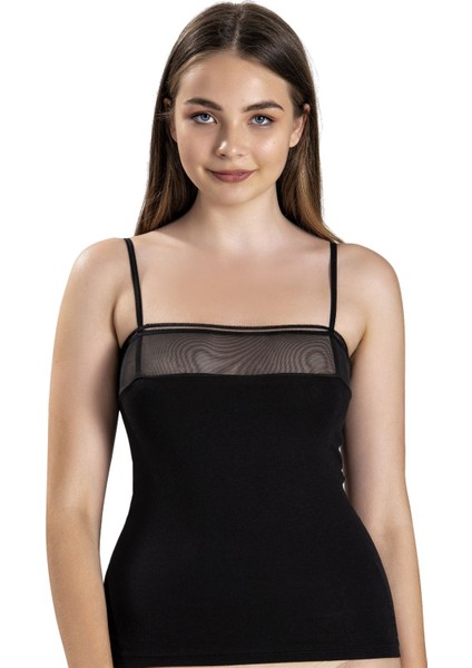 Kadın Siyah Pamuklu Likralı Ip Askılı Atlet 520