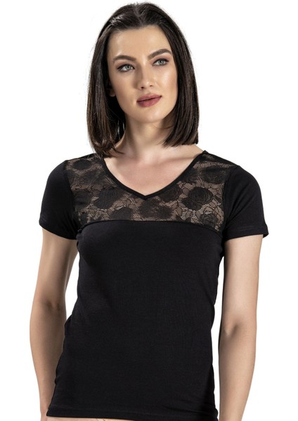 Kadın Siyah Pamuklu Likralı V Yaka Yarım Kol Fanila 538