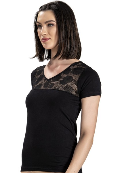 Kadın Siyah Pamuklu Likralı V Yaka Yarım Kol Fanila 538 modelleri