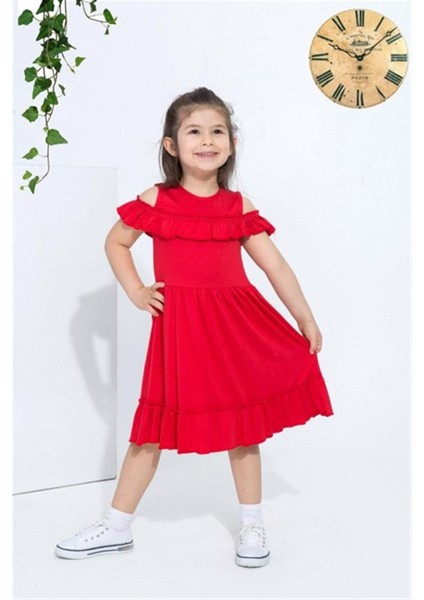 Kız Çocuk Kırmzı Omuz Detaylı Elbise