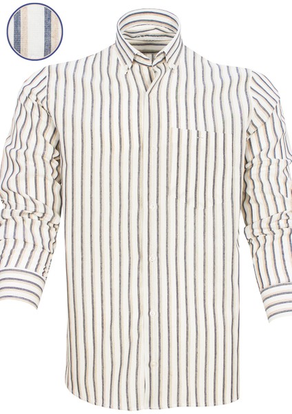 Erkek Füme-Taba Çizgili Desen Uzun Kol Düğmeli Yaka Klasik Kesim Gömlek