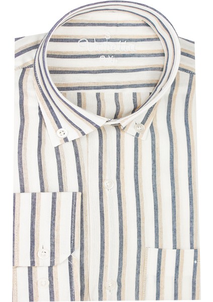 Erkek Füme-Taba Çizgili Desen Uzun Kol Düğmeli Yaka Klasik Kesim Gömlek fiyatları