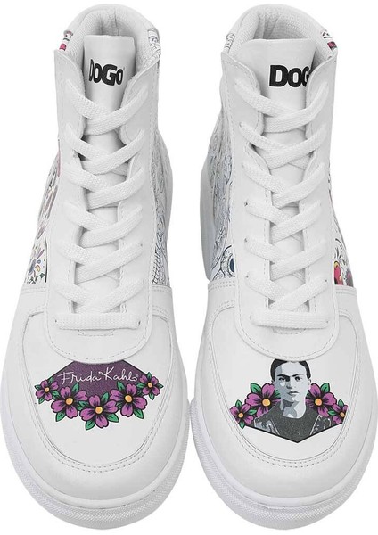 Kadın Vegan Deri Beyaz High Sneakers - Remembrance of Frida Kahlo Tasarım