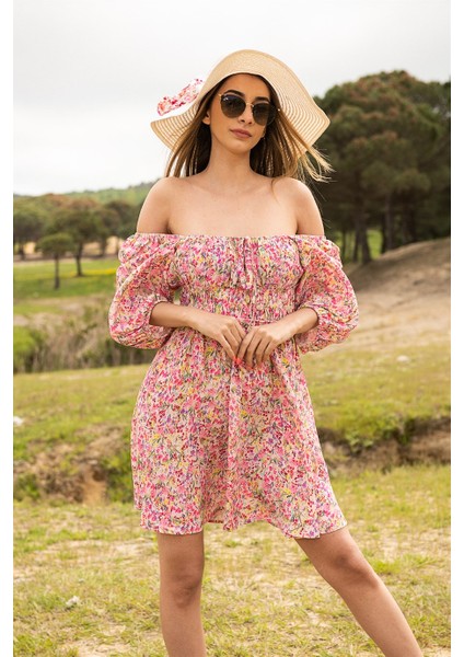 Pembe Çiçek Desenli Bambu Kumaş Mini Elbise