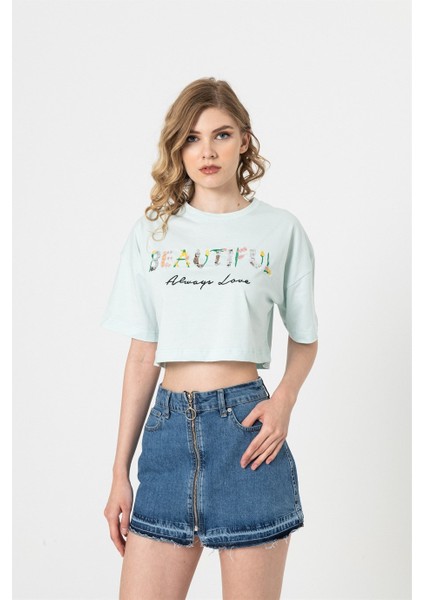 Su Yeşili Nakışlı Crop