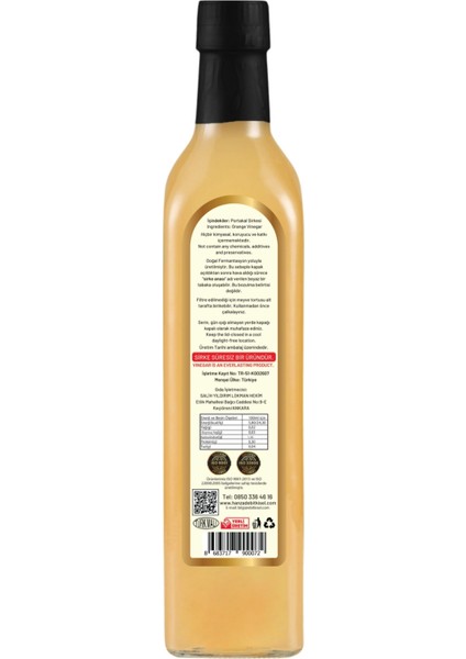 İçilebilir Katkısız Cam Şişe Portakal Sirkesi 500 ml