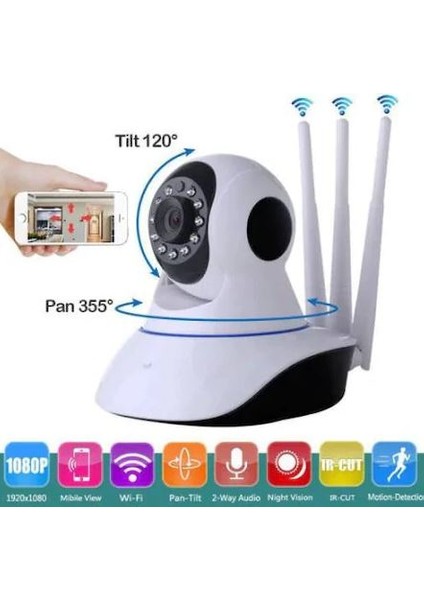 Lisa Butik Cmr5 Wifi Kablosuz 3 Antenli Ip Bebek Ses Dinleme ve Hırsız Alarm Güvenlik Kamerası